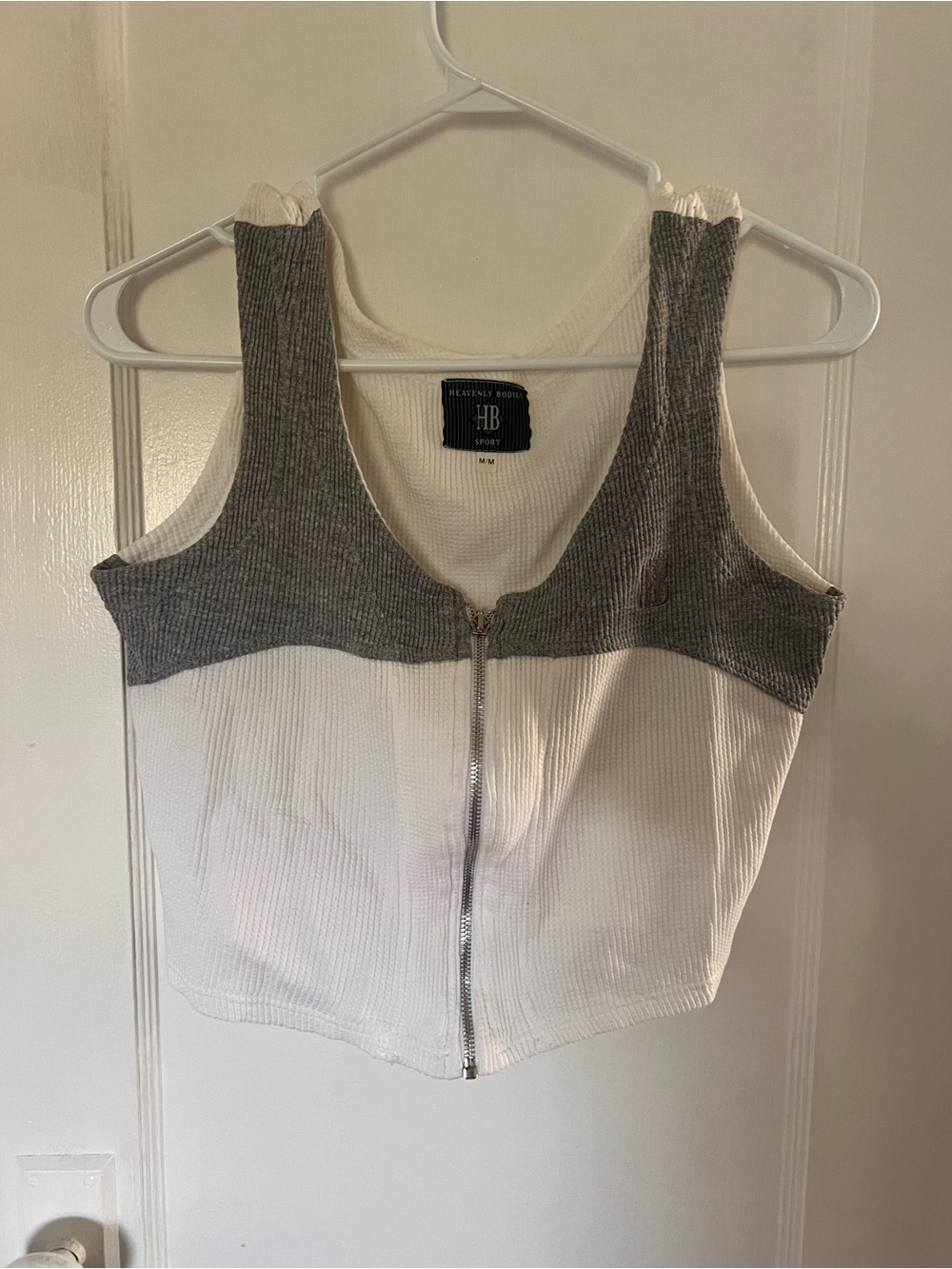 Vintage Contrast Ribbed Zip-Front Tank Top - White & Gray